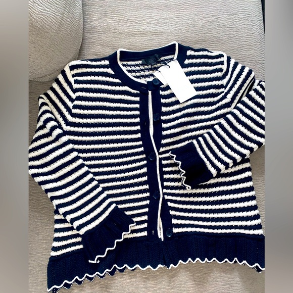 ZARA Navy and White Striped Ruffle Trim Cardigan Sweater - Size L - NEW - Picture 2 of 7